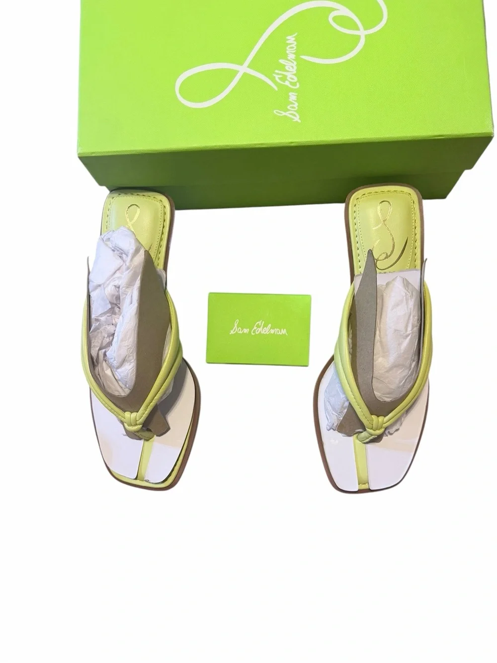 🌟🌼 NIB SAM EDELMAN DAPHNEY KIWI LEATHER Lime Green Thong Kitten Heel Sandals - Picture 6 of 9